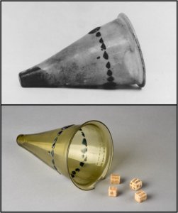 This image is a combination of two photographs. The top photograph was taken in the earlier 20th century and is black and white. It shows a cone-shaped piece of green glass with dark blue dashes decorating the glass about an inch from the rim. At the bottom of the cone, one can barely make out a few dice crammed in the bottom with some dirt. This is a photograph showing the cone as it was found- with the bone dice inside. The bottom photograph is a modern color photograph of the cone with the dice now spread out outside of the coin.