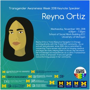 A flyer with an artist's rendition of the keynote speaker Reyna Ortiz, with a blue background and a description of the event