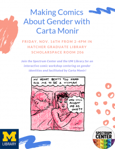 A flyer describing the event, with an image of one of the facilitator's comics