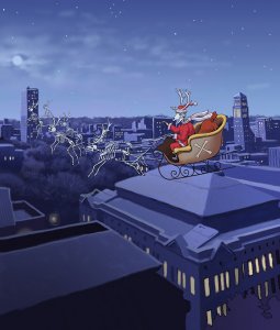 Reindeer Santa skeleton flying in sleigh over campus. Artwork by John Megahan