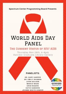 A flyer with information about the event and a background image of the red AIDS Awareness ribbon