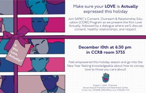 Recreation of Love Actually DVD cover in blue, pink, and purple, with same details as listed in event description.