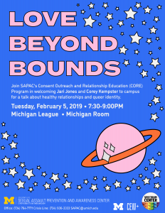 Blue poster with stars and planets on it with bold pink text spelling love beyond bounds and reiterating the time and location details.