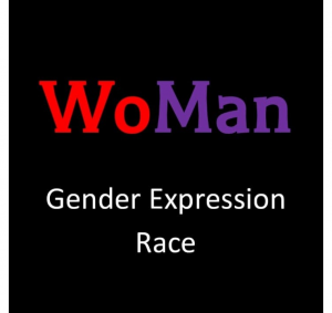 text "WoMan: Gender Expression Race" on black background
