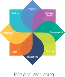 Aspects of personal well-being in colorful fan shape: physical, emotional mental, environmental, financial, occupational, social, intellectual, spiritual