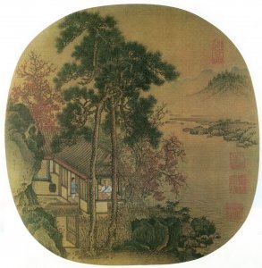Liu Songnian, Reading Changes by the Autumn Window, album leaf, ink and color on silk, 25.7 × 26 cm. Liaoning Provincial Museum.