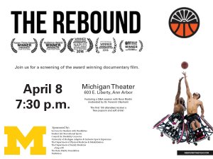 Flyer for The Rebound with two wheelchair basketball athletes reaching up to grab a basketball mid-air.