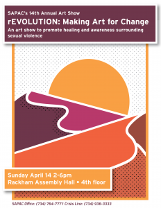 A background made of single color shapes that make a picture of a sunset over a mountain. Text on the flier states the location, timing, and title of the event.