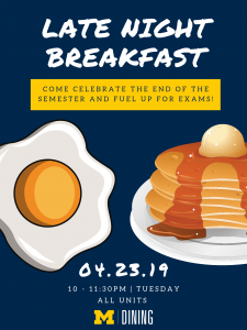 Late Night Breakfast is happening at all dining halls on 4/23 from 10-11:30pm!