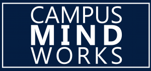 White and blue logo that says Campus Mind Works