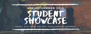 faded photo of several students in the background with "student showcase" text over it