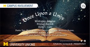 Image of an open book with text over it describing the event details for Once Upon a UMix