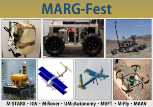 Flyer with a photo of the STARX Exoskeleton, the UMA autonomus boat, M-FLy's 3-D airplane designs, MAAV's four propelier drone, and the mars rover with details for the event