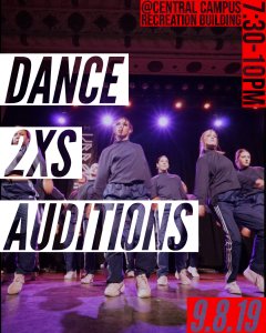 a group of dancers on stage looking forward with serious expressions. Text reads: Dance 2XS Auditions, @CCRB 7:30PM on 9/8/19