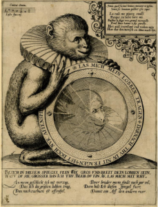 broadside of a monkey wearing a ruff and inviting the reader to look into the mirror it is holding