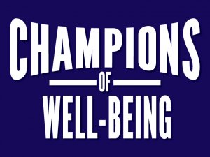 Champions of Wellbeing in white letters on a blue background