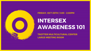 Date, time, and location of the Intersex Awareness 101 workshop. The themeing is based around the colors and shapes on an Australian-created Intersex flag, which is a deep purple ring on a golden yellow background.