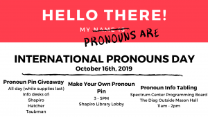 Information of the times and locations of International Pronoun Day activities in the style of a "Hello, my name is" nametag. The words "name is" are crossed out and replaced with a written-in "pronouns are."