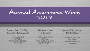 Times, dates, and locations for all three Asexual Awareness Week events from the Spectrum Center in the colors of the asexual flag - black, gray, white, and dark purple.