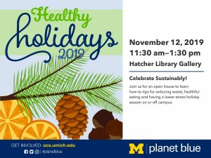 Healthy Holidays 2019 with an orange, acorn, and pine needle