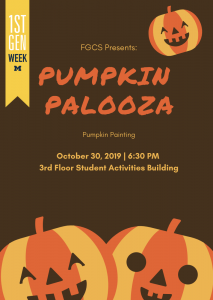 Image includes event details, two pumpkins, and the First Gen Week flag.