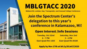 Invitation to join Spectrum Center's MBLGTACC delegation. MBLGTACC stands for Midwest Bi, Lesbian, Gay, Transgender, and Asexual Conference. A picture of Western Michigan University, the hosting school, serves as a background.