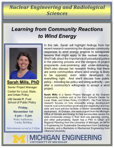 flyer of 11-01-19 NERS Colloquium:  Sarah Mills, UM Gerald R. Ford School of Public Policy