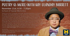 Kay Ulanday Barrett, a Filipino nonbinary individual staring at the camera with a neutral expression. They are wearing a fedora-like hat, tan jacket, purple bowtie, and blue button-up shirt. Additionally, they have clear-frame glasses and a lip piercing down the center of their bottom lip.