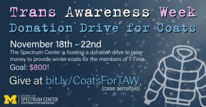 The Spectrum Center is hosting a donation drive to raise money to provide winter coats for the members of T-Time.Goal: $800. The graphic is winter-themed, with lineart of a winter coat in the corner and snowflakes in the background.