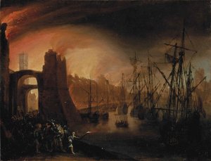 Aeneas Fleeing from Burning Troy, painting by Daniel van Heil