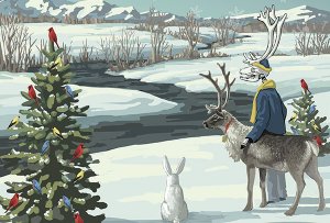 Snowy scene featuring Bones, the skeleton reindeer, EEB's holiday party mascot. Bones is next to a reindeer and a white rabbit, colorful birds are perched in the pine trees, a river is winding through to mountains in the distance.