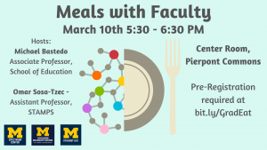 Meals with Faculty - March 10th, 5:30 to 6:30 PM. This dinner will be held in the Corner Room of Pierpont Commons and features Michael Bastedo and Omar Sosa-Tzec as faculty guests.