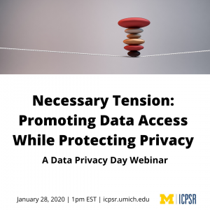 Webinar announcement for "Necessary Tension," a Data Privacy Day webinar from ICPSR