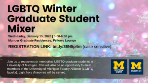 The Winter graduate student mixer will be held 5 to 6:30pm on January 15th in the Munger Graduate Residences' Fellows Lounge. All other information is conveyed in the event description.