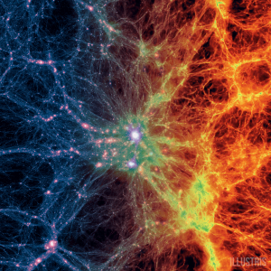 Dark matter density (left) transitioning to gas density (right). Credit: Illustris Simulations