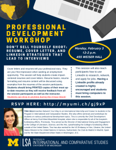 PICS Professional Development Workshop. Don't Sell Yourself Short: Resume, Cover Letter, and LinkedIn Strategies that Lead to Interviews