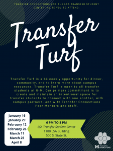 Transfer Turf is a bi-weekly opportunity for transfer students to gather for dinner, support, and friendship. Transfer Turf is from 6:00-8:00 p.m. in the LSA Transfer Student Center in 1180 LSA (500 S. State St.)