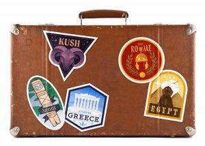 suitcase with travel stickers