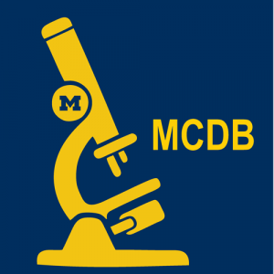 microscope drawing, MCDB initials in yellow on blue background