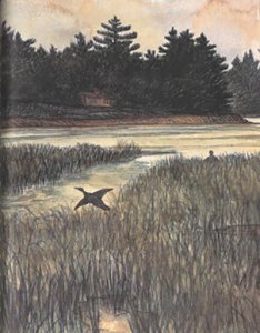 Illustration from The Boy Who Ran to the Woods by Jim Harrison, illustrated by Tom Pohrt. New York : Atlantic Monthly Press, 2000.