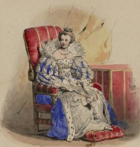 The Duchess of Berry sits on a throne dressed as Mary Stuart