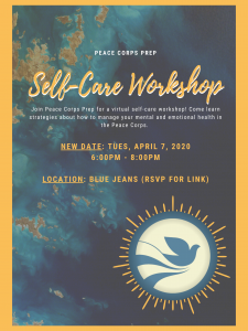 Blue image with title of the event on it: self-care in the Peace Corps
