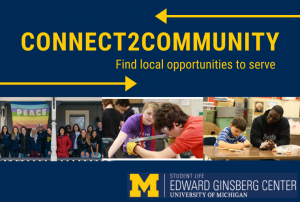 Connect2Community logo on blue background, with images of U-M students in various community settings.