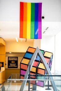 Pride flag in the George G. Brown Building to support the LGBTQA+ community