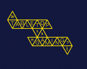 The words "Tabletop Gaming," written in yellow with each letter in a yellow triangle, on a dark blue background.