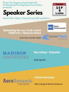 Theta Tau Engineering Fraternity Professional Development Committee presents Speaker Series with Equity Commonweath, Madison Industries, and AeroDynamic Advisory