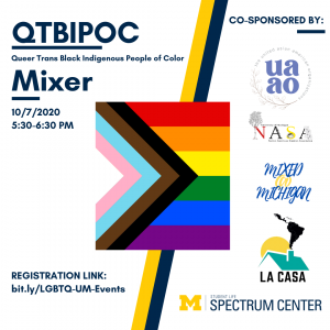 Information about the event and logos of co-sponsors surrounding a rainbow flag partially divided by a triangle on its left side showing black, brown, and transgender flag stripes.