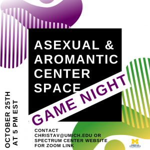 The Asexual and Aromantic CenterSpace Game Night will be held October 25th starting at 5pm. To get the link, register on the Spectrum Center website or contact christav@umich.edu.