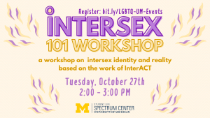 The Intersex 101 workshop will be held Tuesday, September 27th from 2 to 3 PM. The design of the flyer is based around the purple and yellow ring flag of the intersex community.