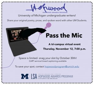 Pass the Mic flyer featuring a hand holding mic emerging from laptop screen.